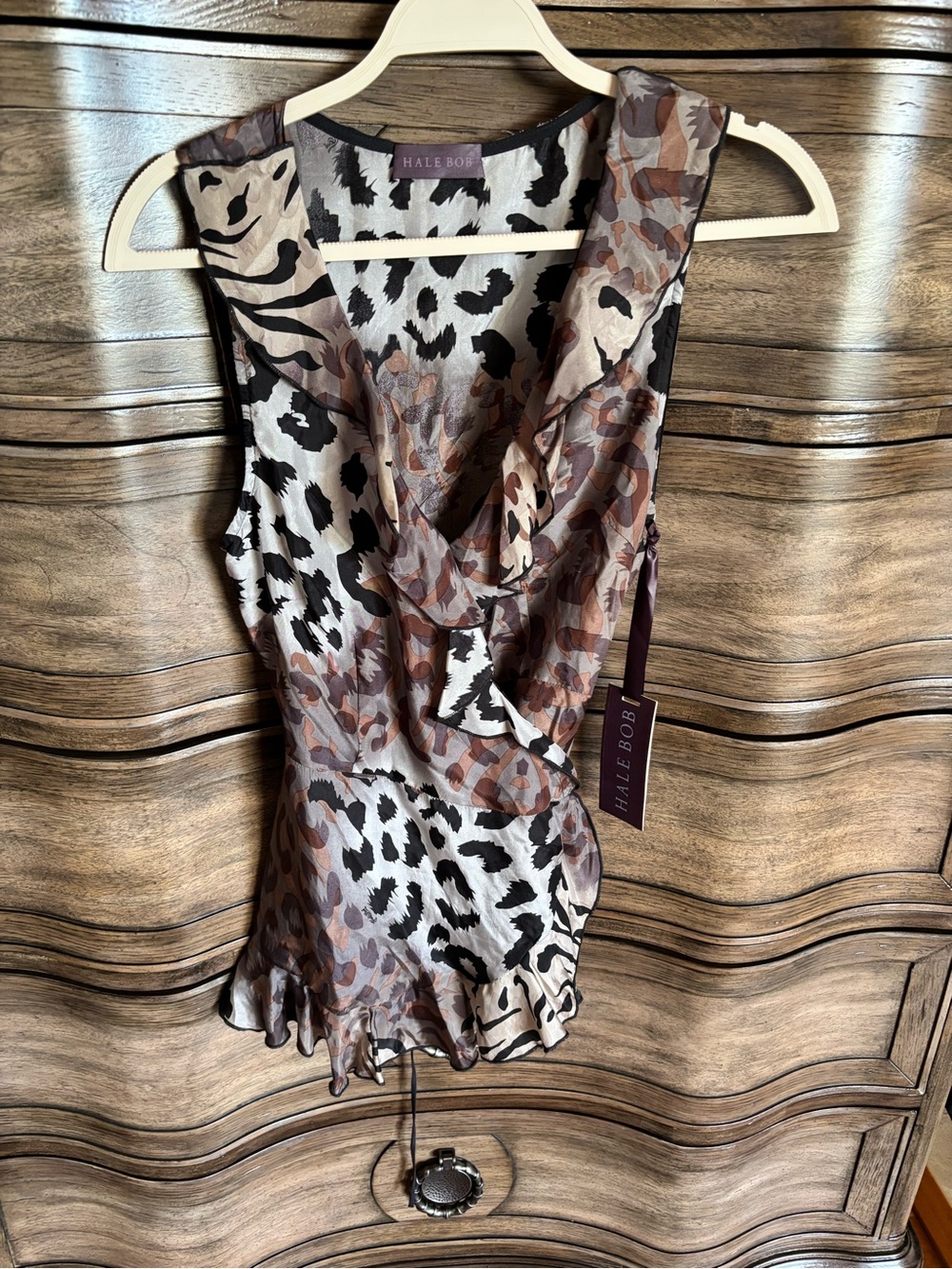 HALE BOB silk Brown Cream and Black Animal Print Ruffle Sleeveless Camisole